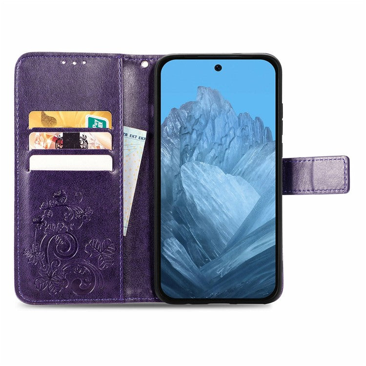 For Google Pixel 9 / Pixel 9 Pro Leather Case Four-Leaf Clover Wallet Phone Cover - Purple