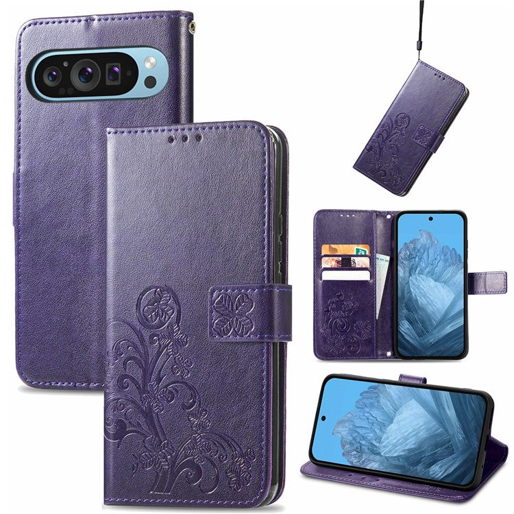 For Google Pixel 9 / Pixel 9 Pro Leather Case Four-Leaf Clover Wallet Phone Cover - Purple