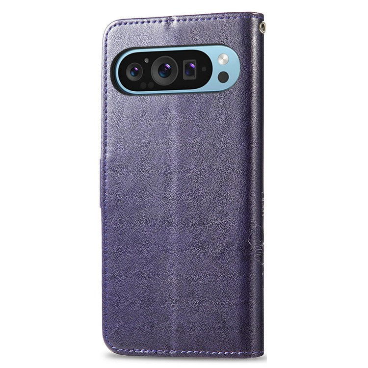 For Google Pixel 9 / Pixel 9 Pro Leather Case Four-Leaf Clover Wallet Phone Cover - Purple