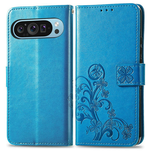 For Google Pixel 9 / Pixel 9 Pro Leather Case Four-Leaf Clover Wallet Phone Cover - Blue