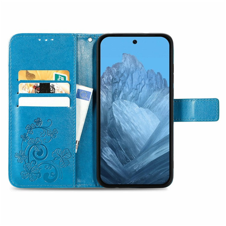 For Google Pixel 9 / Pixel 9 Pro Leather Case Four-Leaf Clover Wallet Phone Cover - Blue