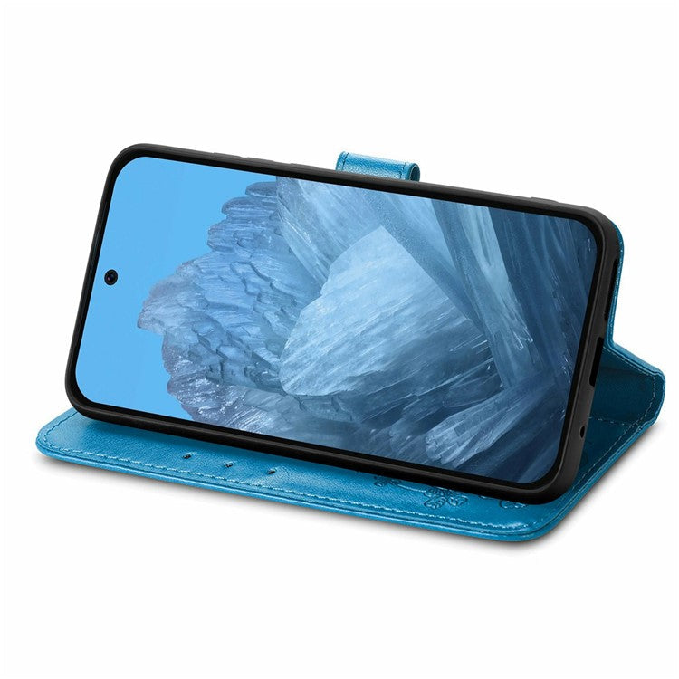 For Google Pixel 9 / Pixel 9 Pro Leather Case Four-Leaf Clover Wallet Phone Cover - Blue