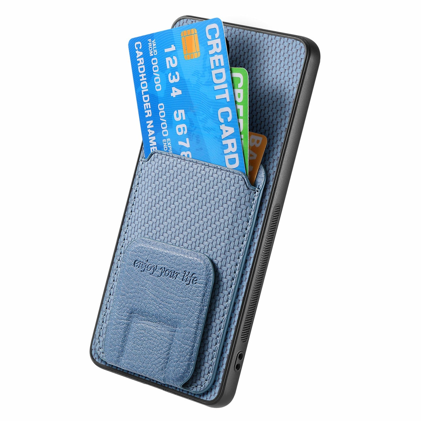 For Samsung Galaxy A06 Case Card Holder Carbon Fiber Texture Leather Coated TPU Phone Cover - Blue