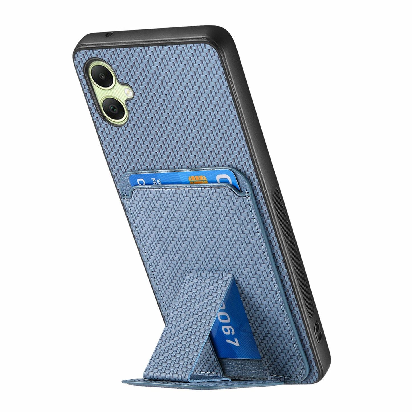 For Samsung Galaxy A06 Case Card Holder Carbon Fiber Texture Leather Coated TPU Phone Cover - Blue