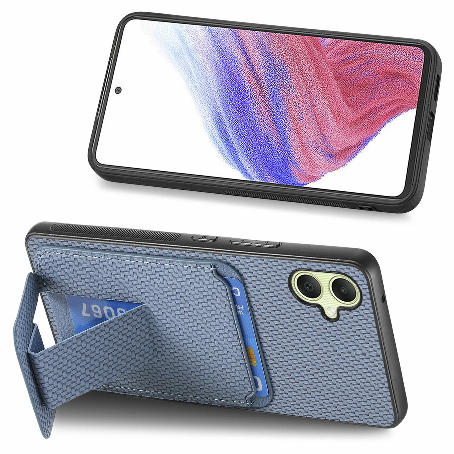 For Samsung Galaxy A06 Case Card Holder Carbon Fiber Texture Leather Coated TPU Phone Cover - Blue