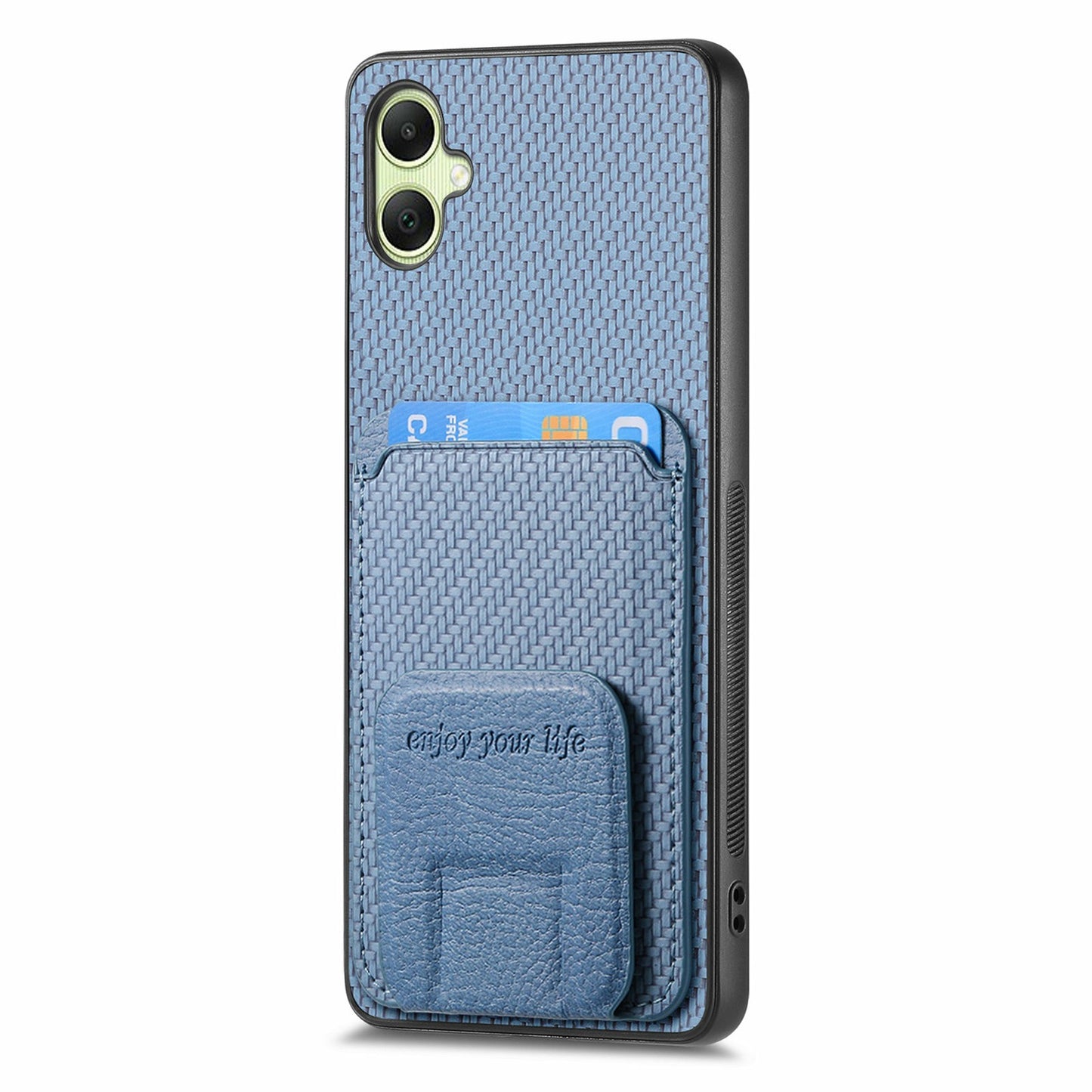 For Samsung Galaxy A06 Case Card Holder Carbon Fiber Texture Leather Coated TPU Phone Cover - Blue