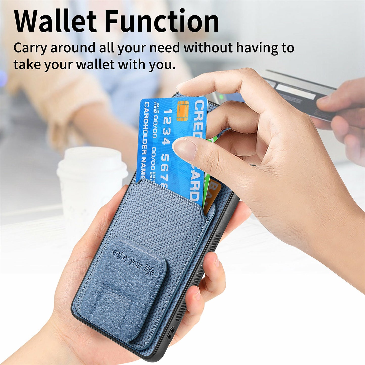 For Samsung Galaxy A06 Case Card Holder Carbon Fiber Texture Leather Coated TPU Phone Cover - Blue