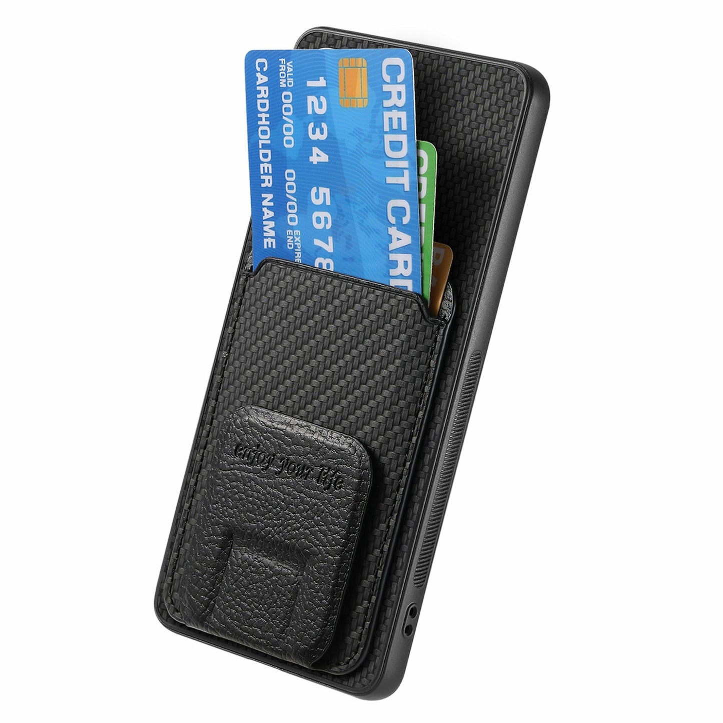 For Samsung Galaxy A06 Case Card Holder Carbon Fiber Texture Leather Coated TPU Phone Cover - Black