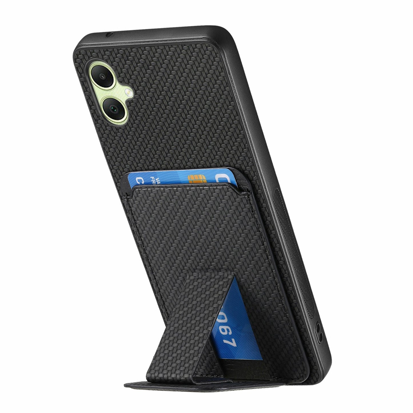 For Samsung Galaxy A06 Case Card Holder Carbon Fiber Texture Leather Coated TPU Phone Cover - Black