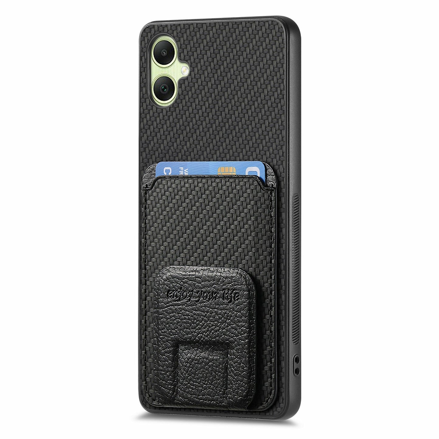 For Samsung Galaxy A06 Case Card Holder Carbon Fiber Texture Leather Coated TPU Phone Cover - Black