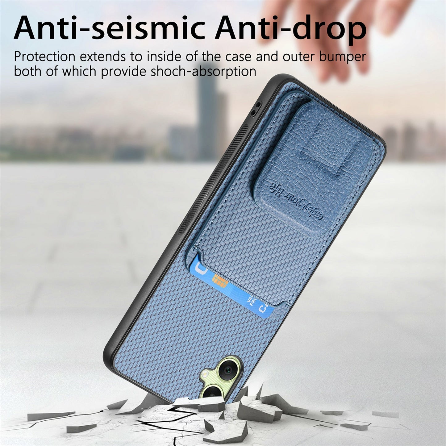 For Samsung Galaxy A06 Case Card Holder Carbon Fiber Texture Leather Coated TPU Phone Cover - Black