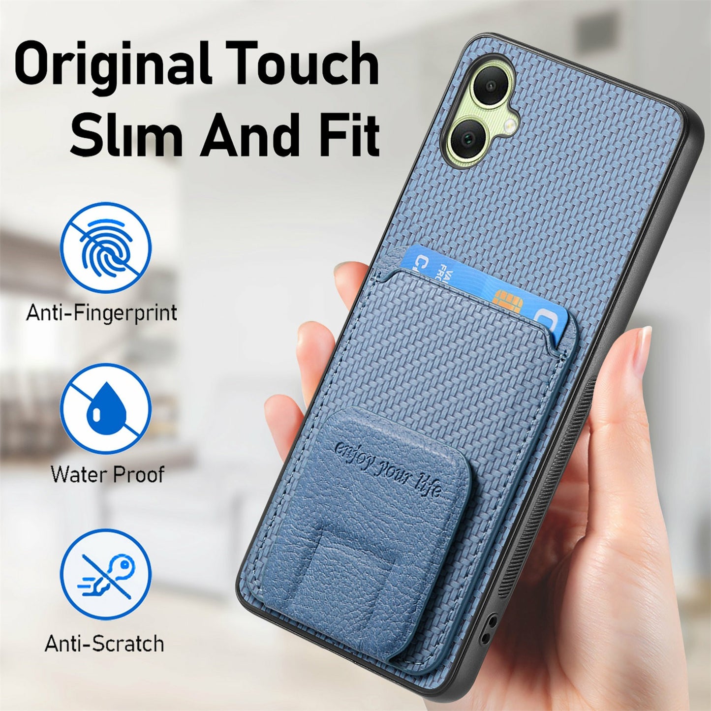 For Samsung Galaxy A06 Case Card Holder Carbon Fiber Texture Leather Coated TPU Phone Cover - Black