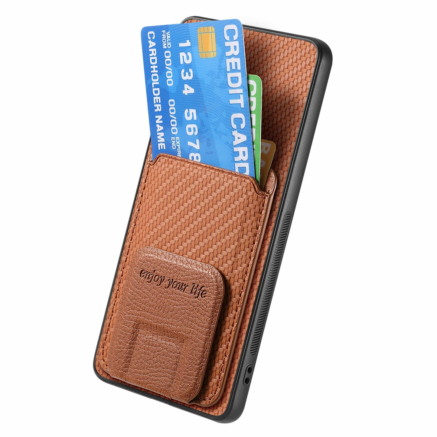 For Samsung Galaxy A06 Case Card Holder Carbon Fiber Texture Leather Coated TPU Phone Cover - Brown