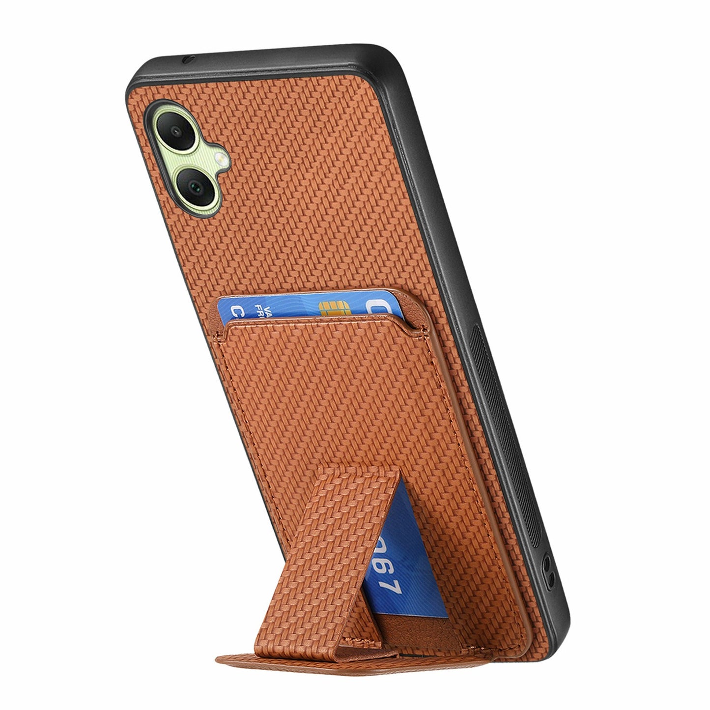 For Samsung Galaxy A06 Case Card Holder Carbon Fiber Texture Leather Coated TPU Phone Cover - Brown