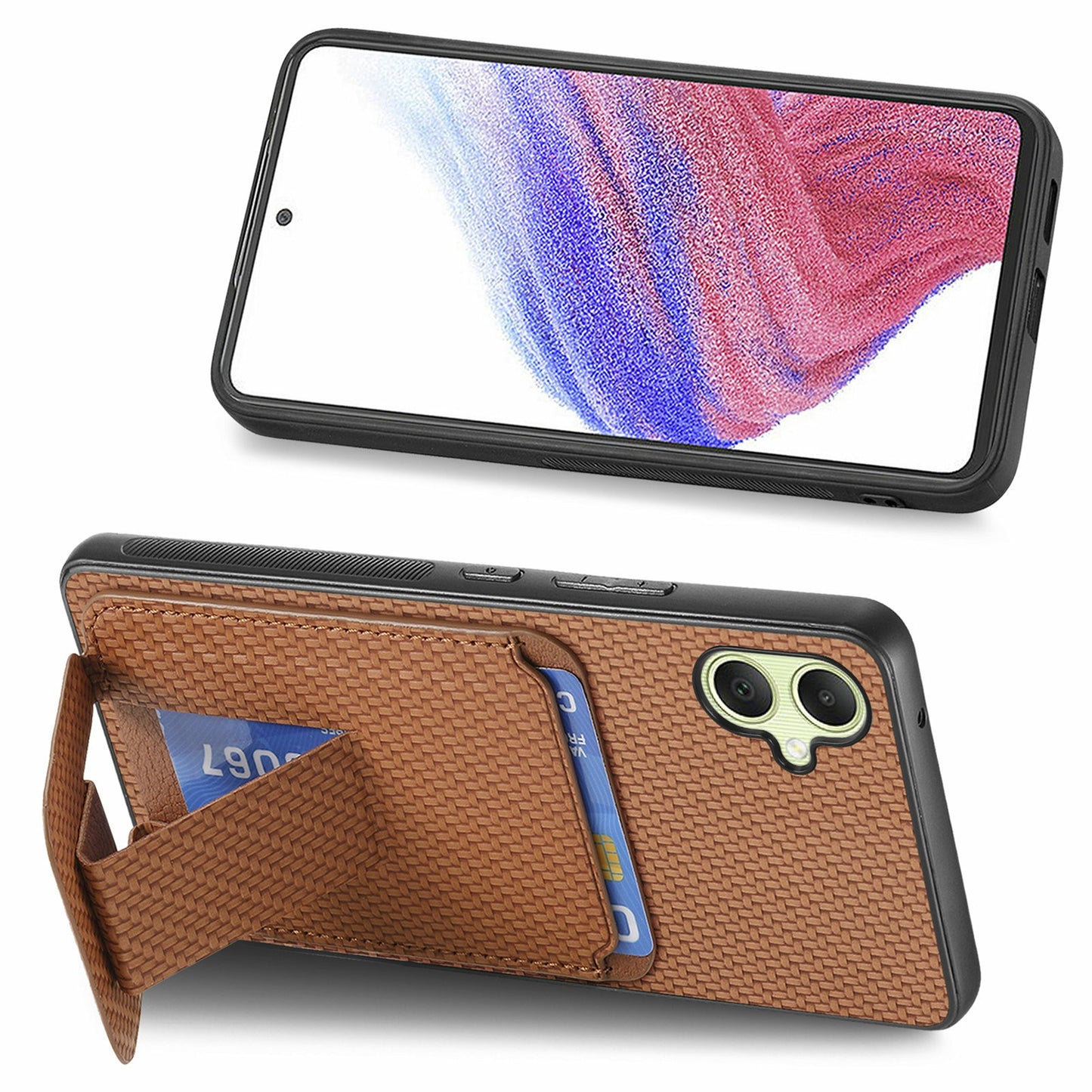 For Samsung Galaxy A06 Case Card Holder Carbon Fiber Texture Leather Coated TPU Phone Cover - Brown