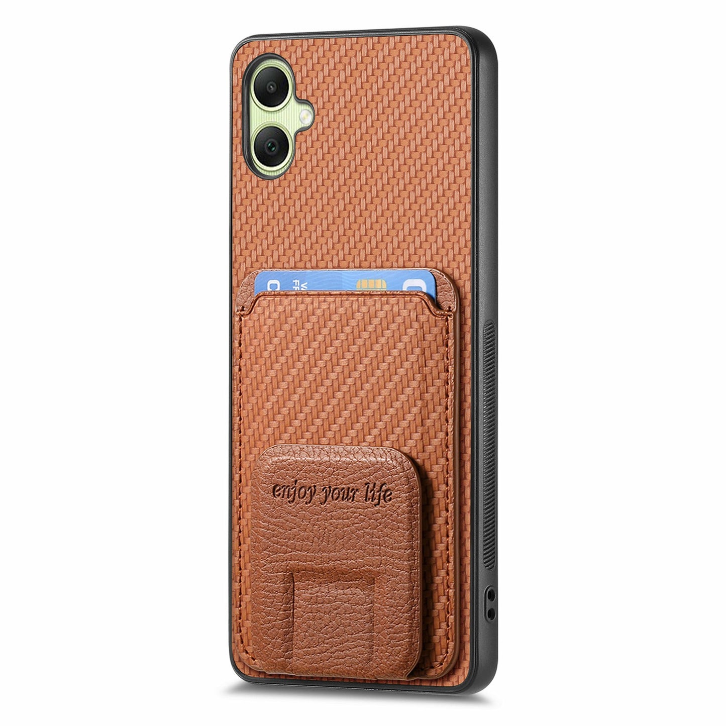 For Samsung Galaxy A06 Case Card Holder Carbon Fiber Texture Leather Coated TPU Phone Cover - Brown