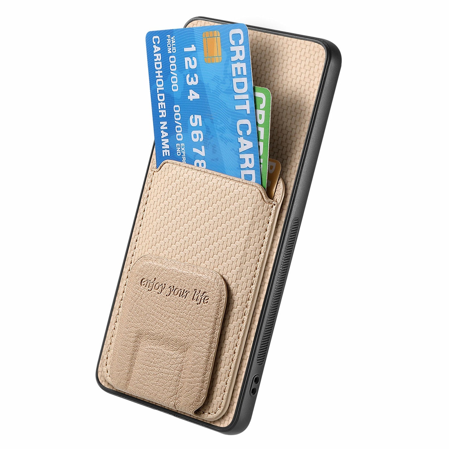 For Samsung Galaxy A06 Case Card Holder Carbon Fiber Texture Leather Coated TPU Phone Cover - Beige