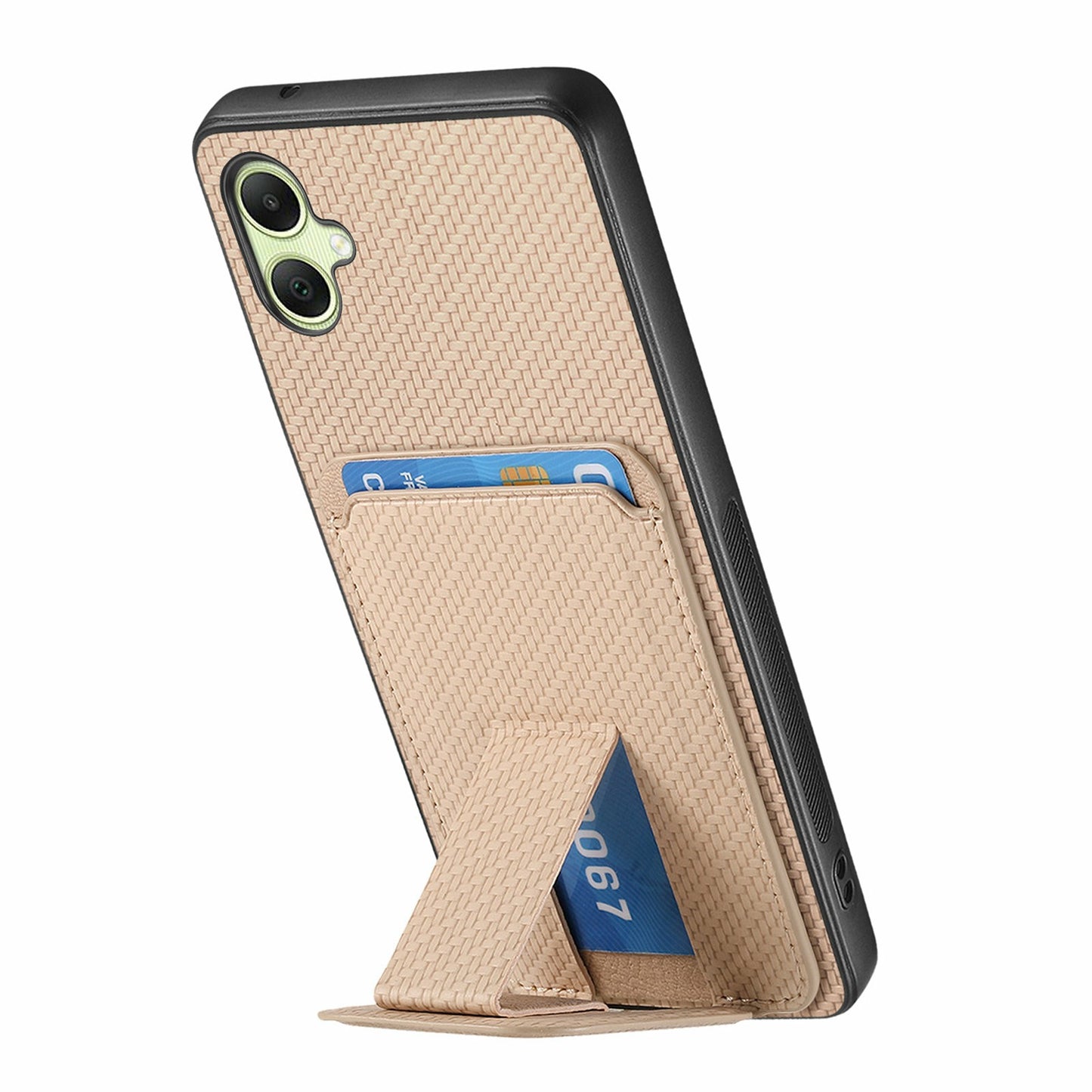 For Samsung Galaxy A06 Case Card Holder Carbon Fiber Texture Leather Coated TPU Phone Cover - Beige