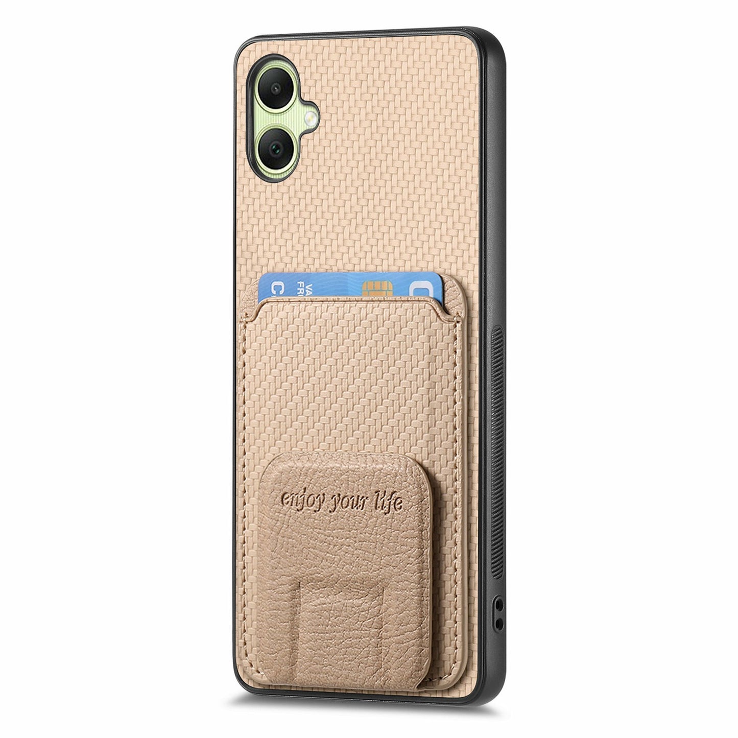 For Samsung Galaxy A06 Case Card Holder Carbon Fiber Texture Leather Coated TPU Phone Cover - Beige