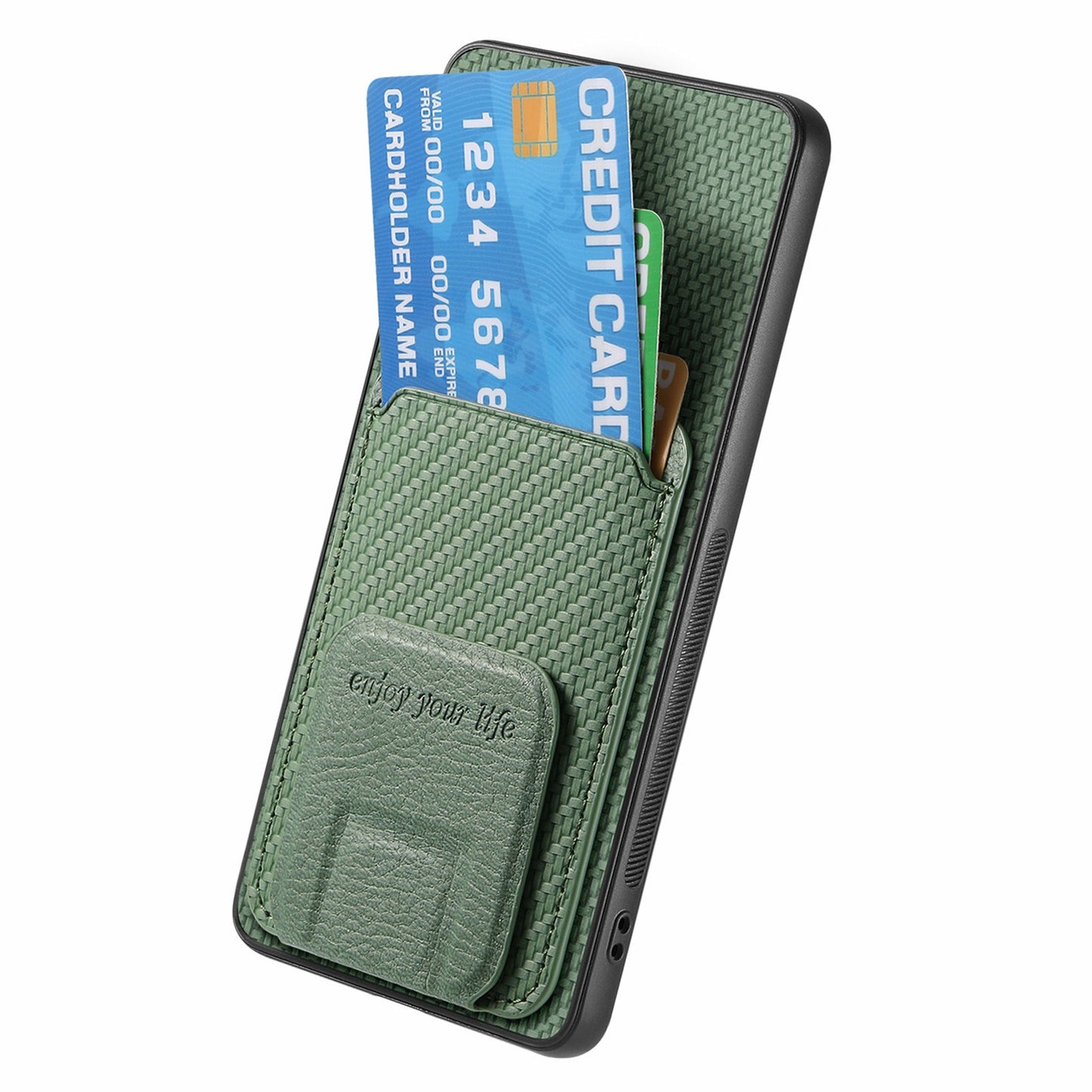 For Samsung Galaxy A06 Case Card Holder Carbon Fiber Texture Leather Coated TPU Phone Cover - Green