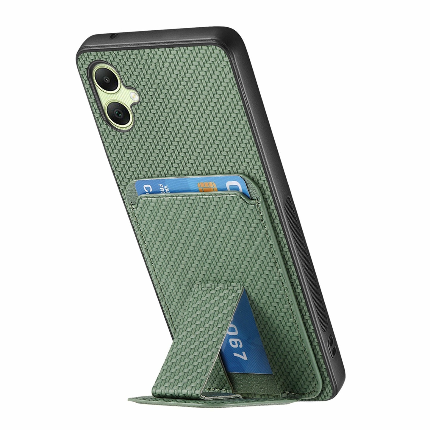 For Samsung Galaxy A06 Case Card Holder Carbon Fiber Texture Leather Coated TPU Phone Cover - Green