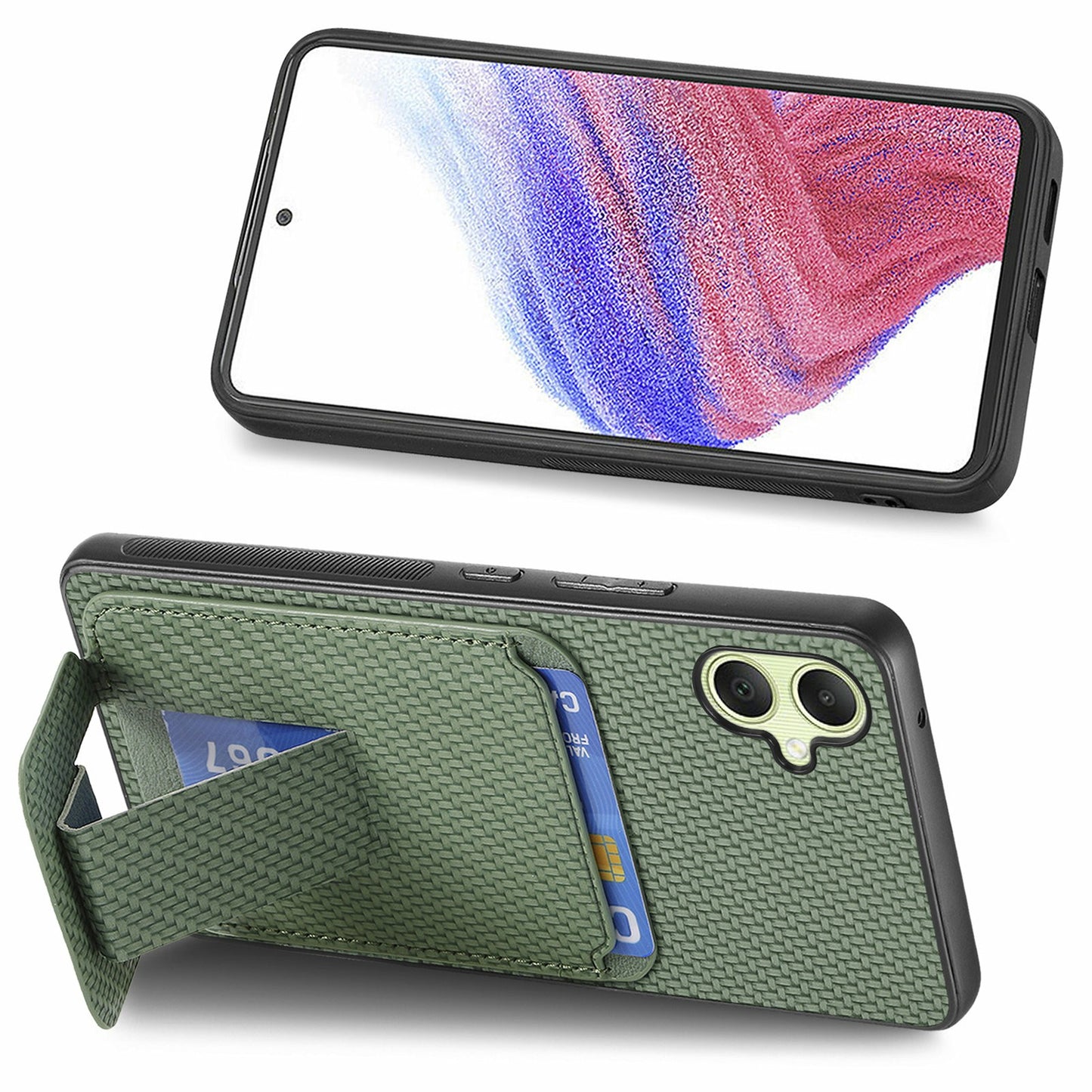 For Samsung Galaxy A06 Case Card Holder Carbon Fiber Texture Leather Coated TPU Phone Cover - Green