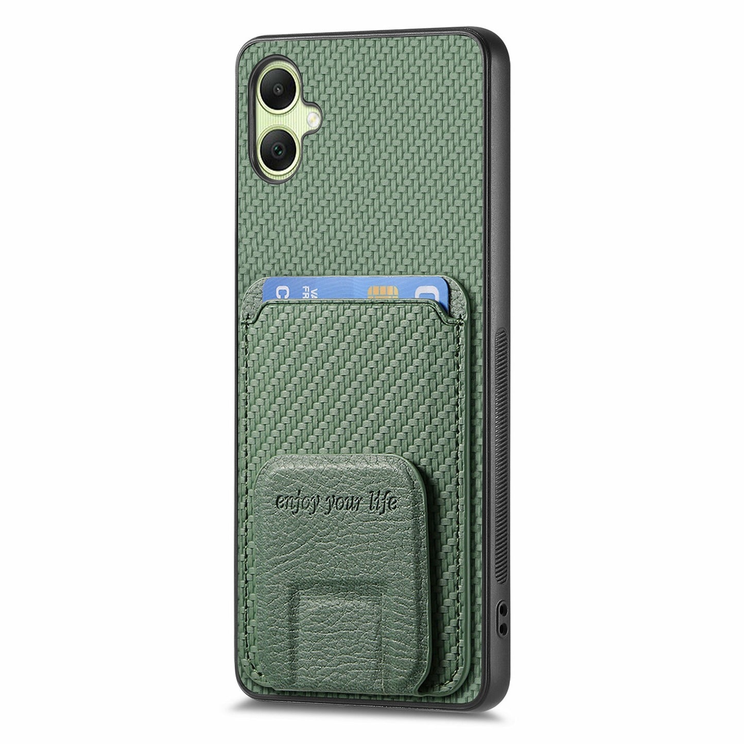 For Samsung Galaxy A06 Case Card Holder Carbon Fiber Texture Leather Coated TPU Phone Cover - Green