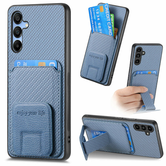 For Samsung Galaxy A16 4G / 5G Case Card Holder Carbon Fiber Texture Leather Coated TPU Phone Cover - Blue
