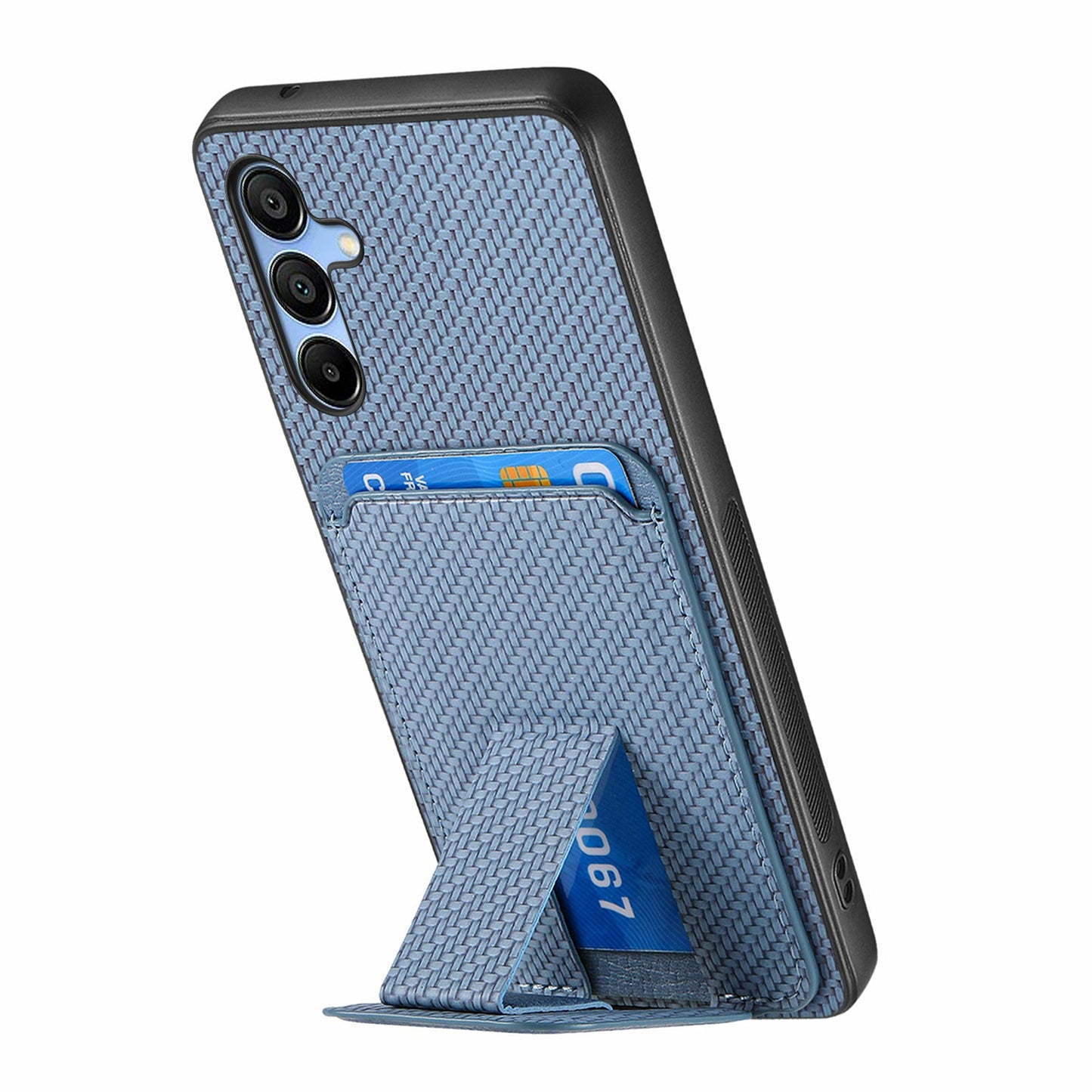 For Samsung Galaxy A16 4G / 5G Case Card Holder Carbon Fiber Texture Leather Coated TPU Phone Cover - Blue
