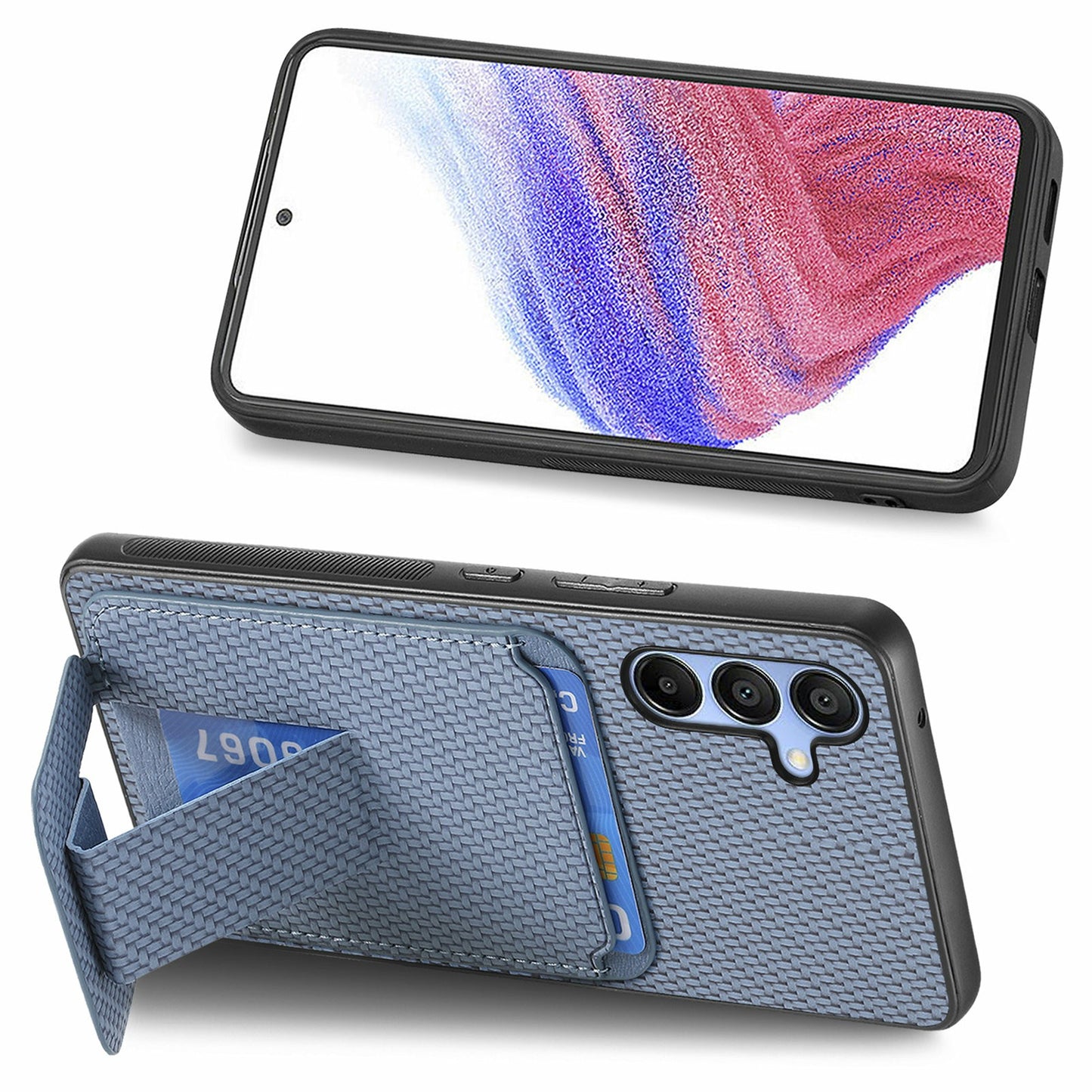 For Samsung Galaxy A16 4G / 5G Case Card Holder Carbon Fiber Texture Leather Coated TPU Phone Cover - Blue