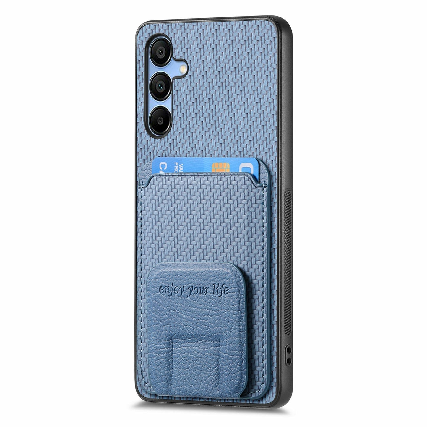 For Samsung Galaxy A16 4G / 5G Case Card Holder Carbon Fiber Texture Leather Coated TPU Phone Cover - Blue