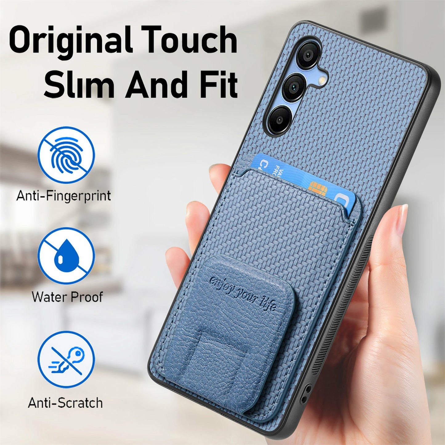 For Samsung Galaxy A16 4G / 5G Case Card Holder Carbon Fiber Texture Leather Coated TPU Phone Cover - Blue