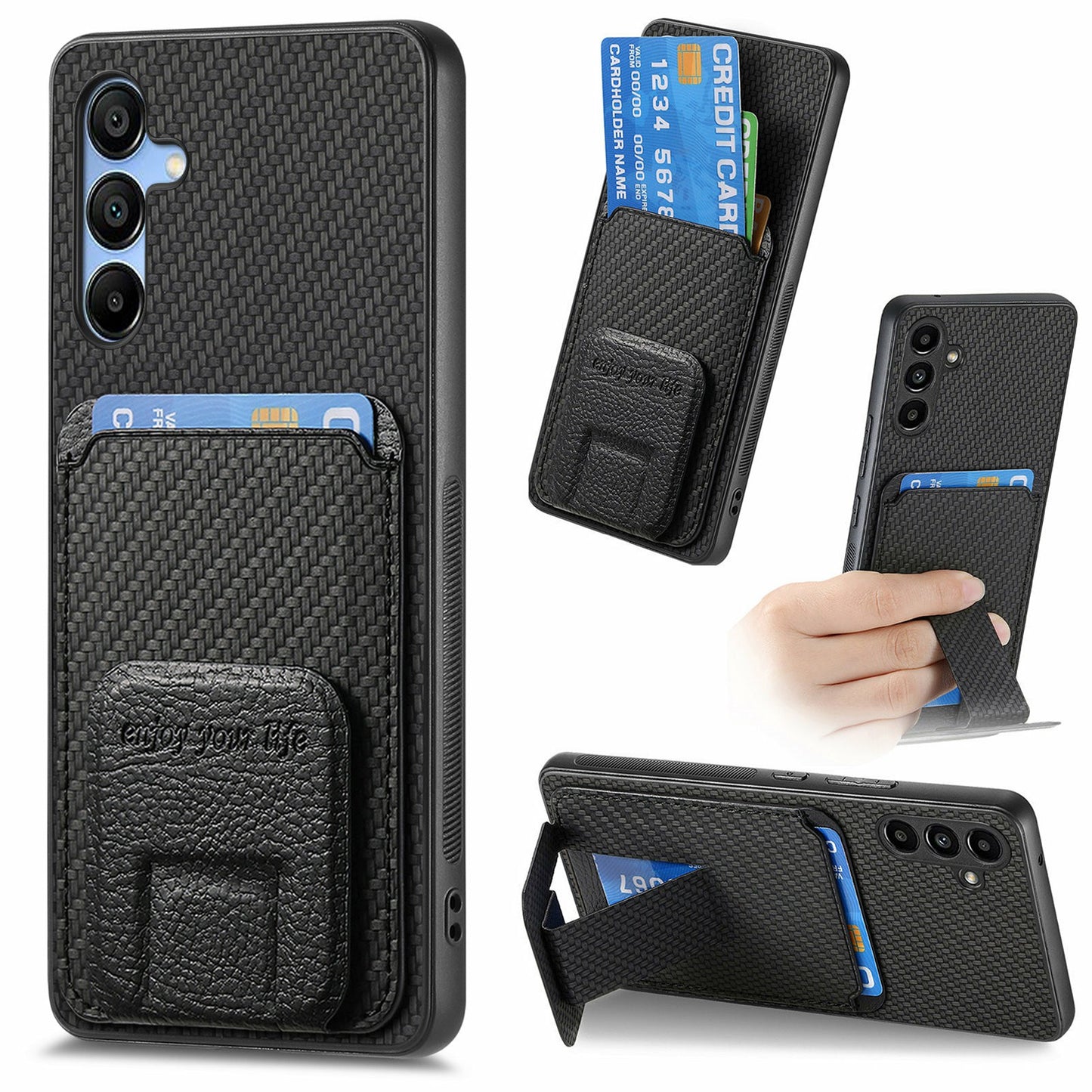 For Samsung Galaxy A16 4G / 5G Case Card Holder Carbon Fiber Texture Leather Coated TPU Phone Cover - Black