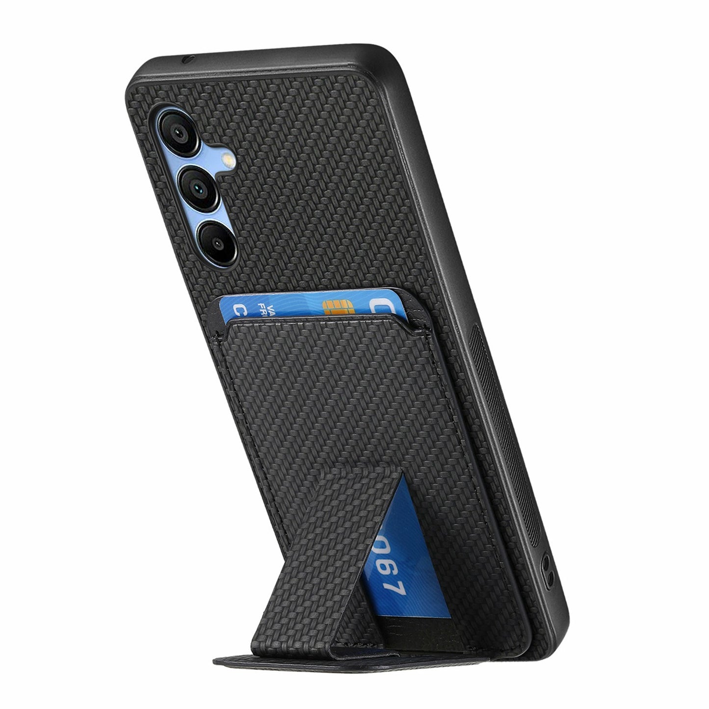 For Samsung Galaxy A16 4G / 5G Case Card Holder Carbon Fiber Texture Leather Coated TPU Phone Cover - Black