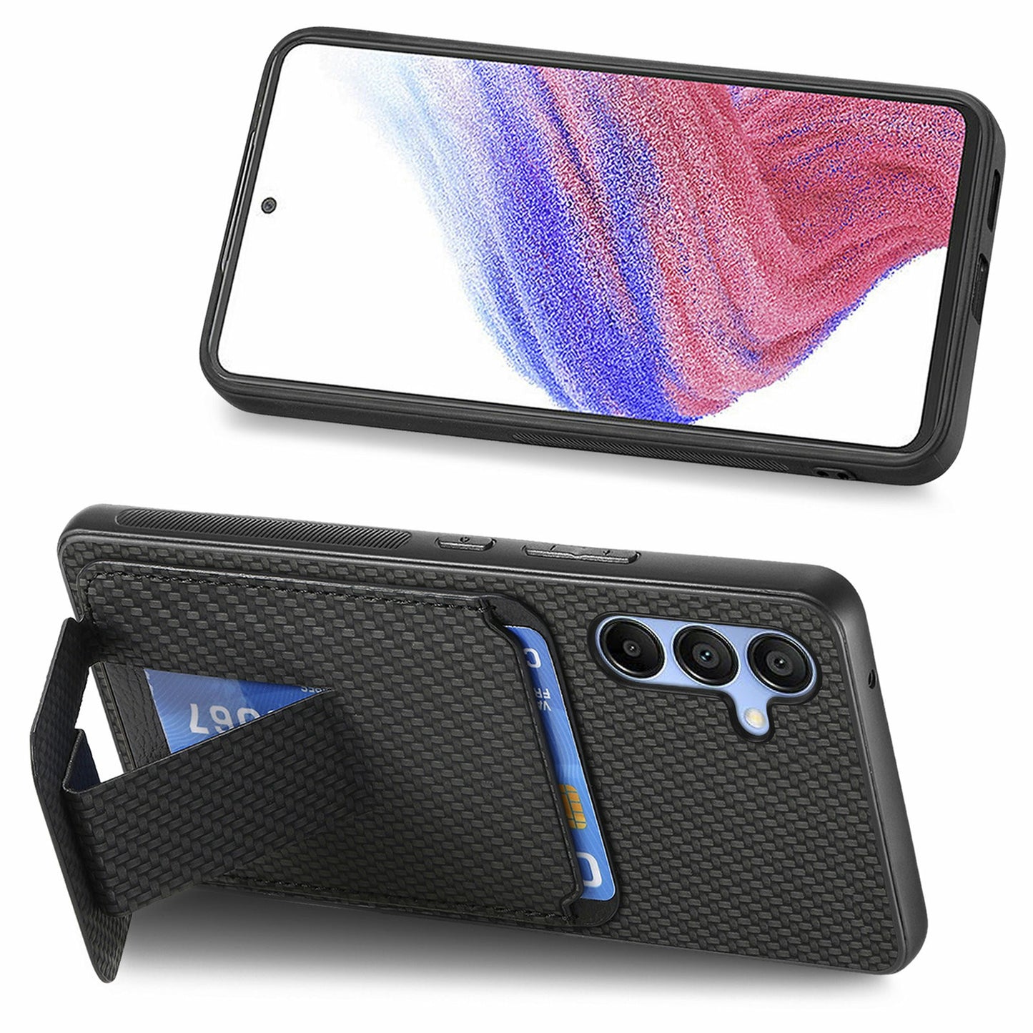 For Samsung Galaxy A16 4G / 5G Case Card Holder Carbon Fiber Texture Leather Coated TPU Phone Cover - Black