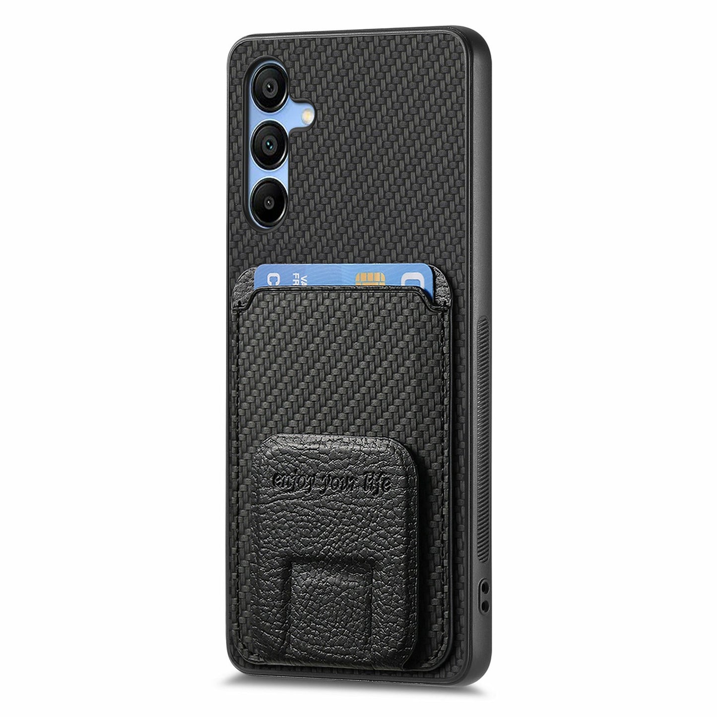 For Samsung Galaxy A16 4G / 5G Case Card Holder Carbon Fiber Texture Leather Coated TPU Phone Cover - Black