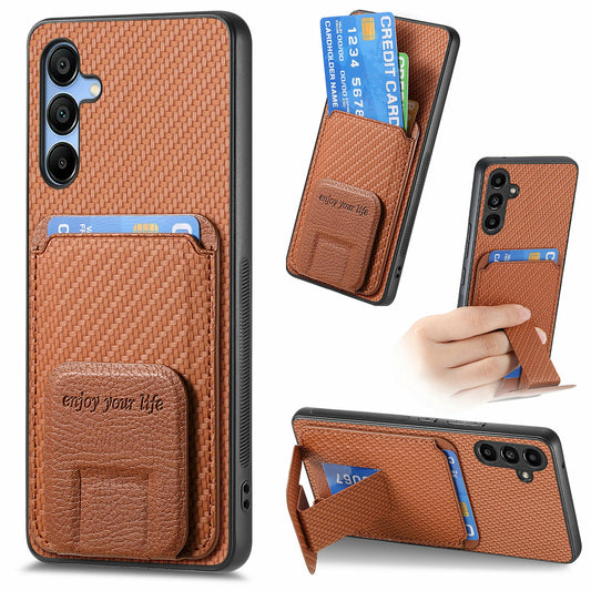 For Samsung Galaxy A16 4G / 5G Case Card Holder Carbon Fiber Texture Leather Coated TPU Phone Cover - Brown