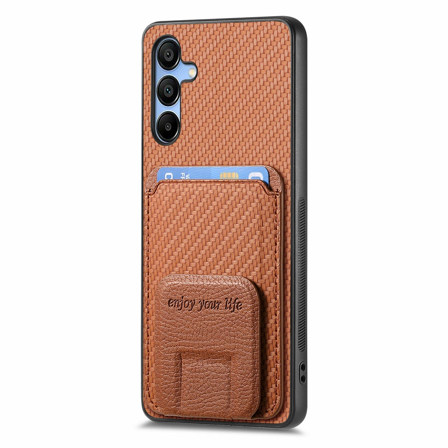 For Samsung Galaxy A16 4G / 5G Case Card Holder Carbon Fiber Texture Leather Coated TPU Phone Cover - Brown