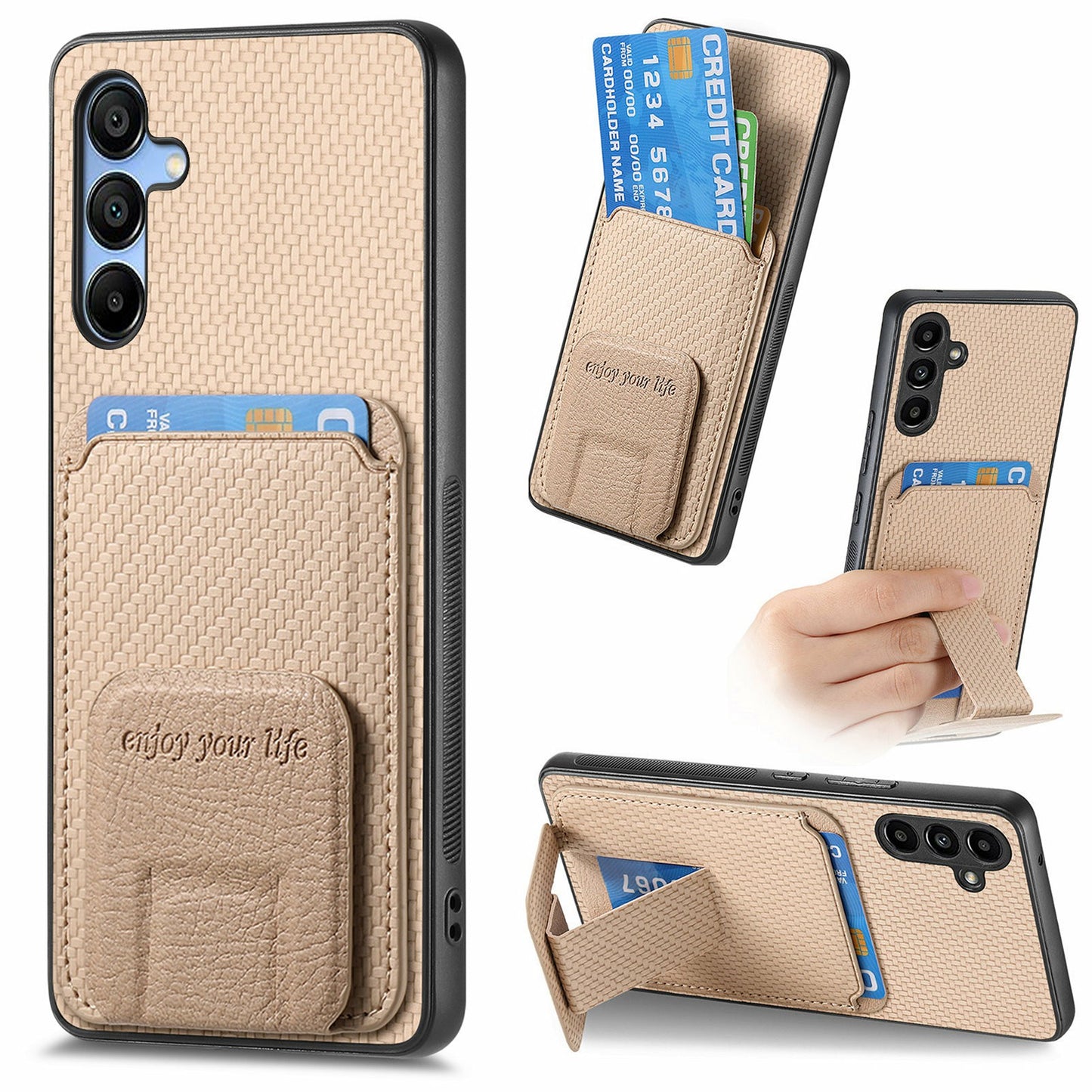 For Samsung Galaxy A16 4G / 5G Case Card Holder Carbon Fiber Texture Leather Coated TPU Phone Cover - Beige