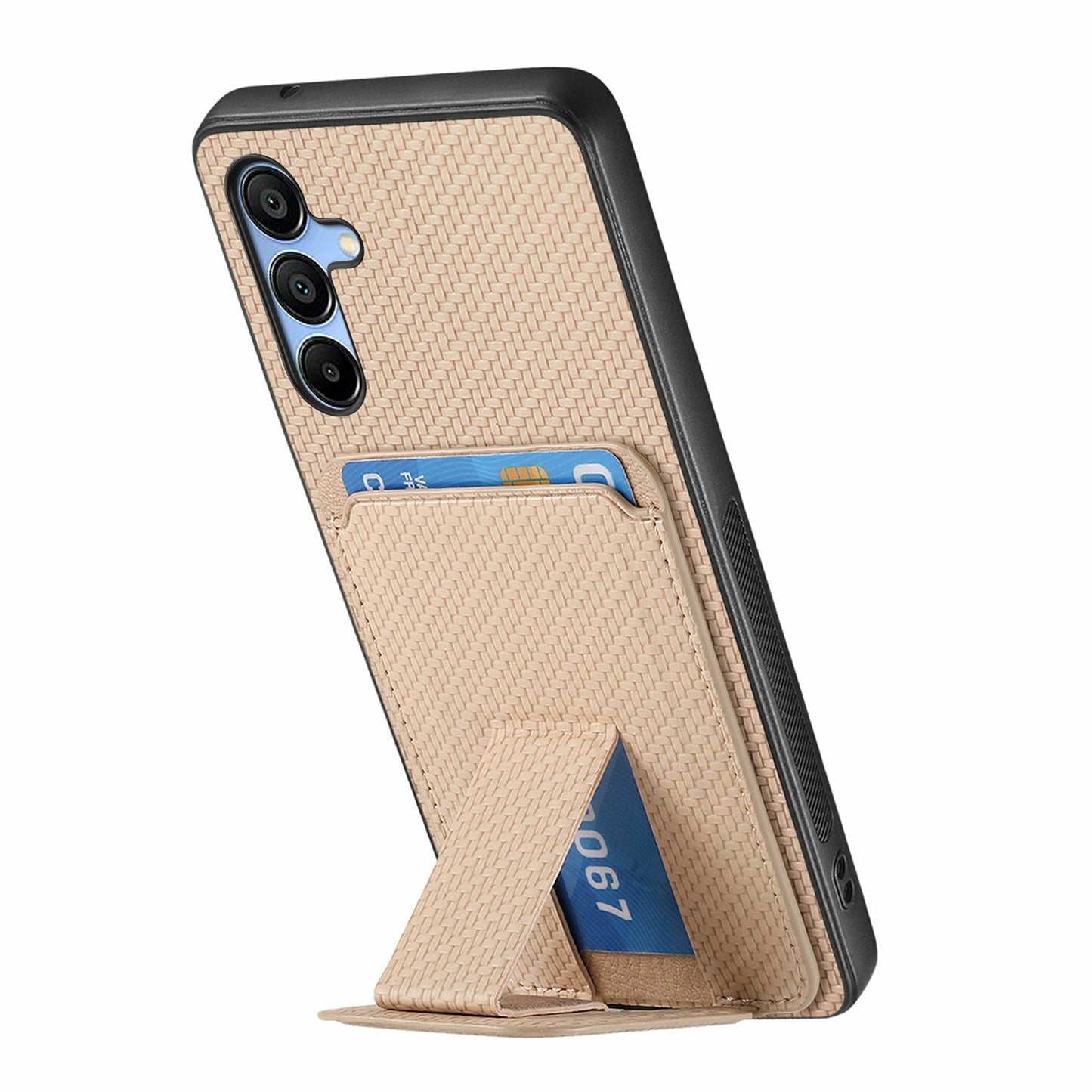For Samsung Galaxy A16 4G / 5G Case Card Holder Carbon Fiber Texture Leather Coated TPU Phone Cover - Beige
