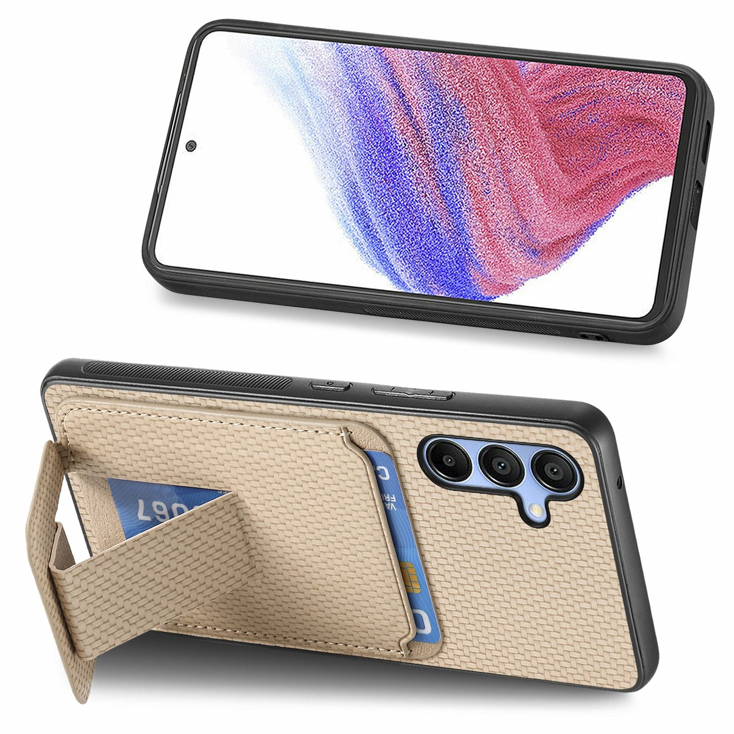 For Samsung Galaxy A16 4G / 5G Case Card Holder Carbon Fiber Texture Leather Coated TPU Phone Cover - Beige