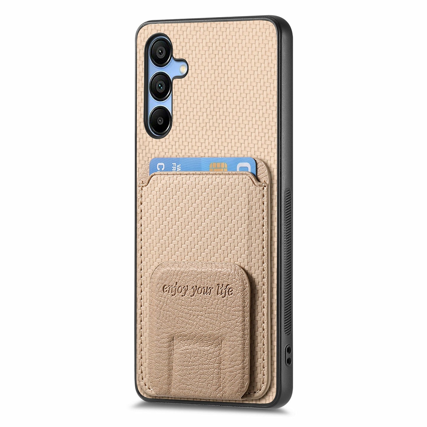 For Samsung Galaxy A16 4G / 5G Case Card Holder Carbon Fiber Texture Leather Coated TPU Phone Cover - Beige