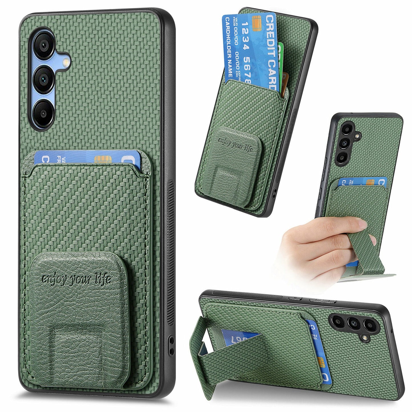 For Samsung Galaxy A16 4G / 5G Case Card Holder Carbon Fiber Texture Leather Coated TPU Phone Cover - Green