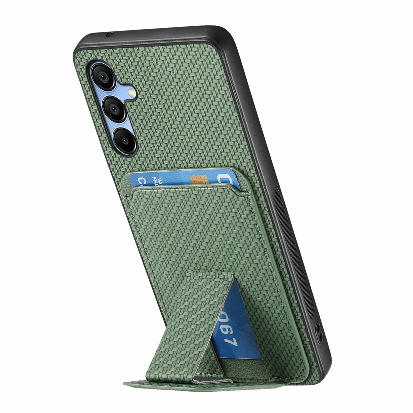 For Samsung Galaxy A16 4G / 5G Case Card Holder Carbon Fiber Texture Leather Coated TPU Phone Cover - Green