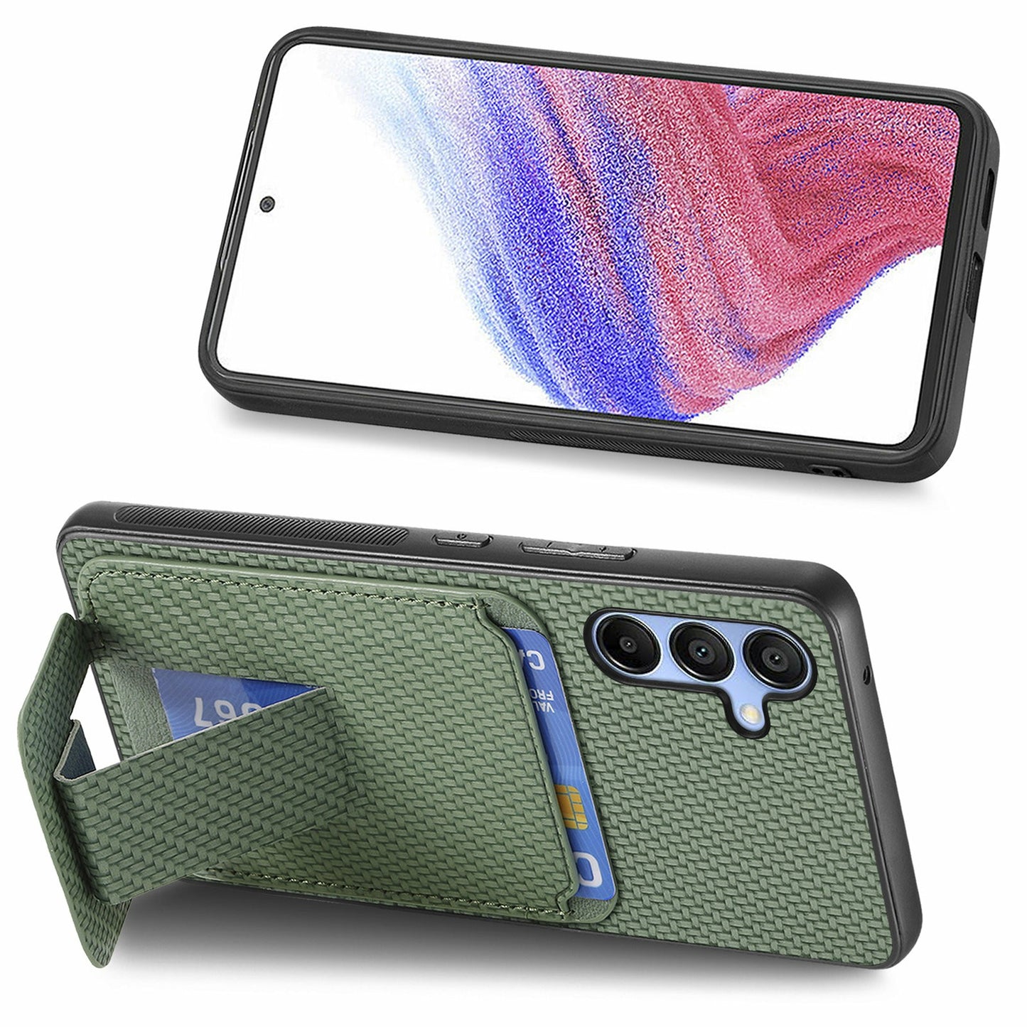 For Samsung Galaxy A16 4G / 5G Case Card Holder Carbon Fiber Texture Leather Coated TPU Phone Cover - Green
