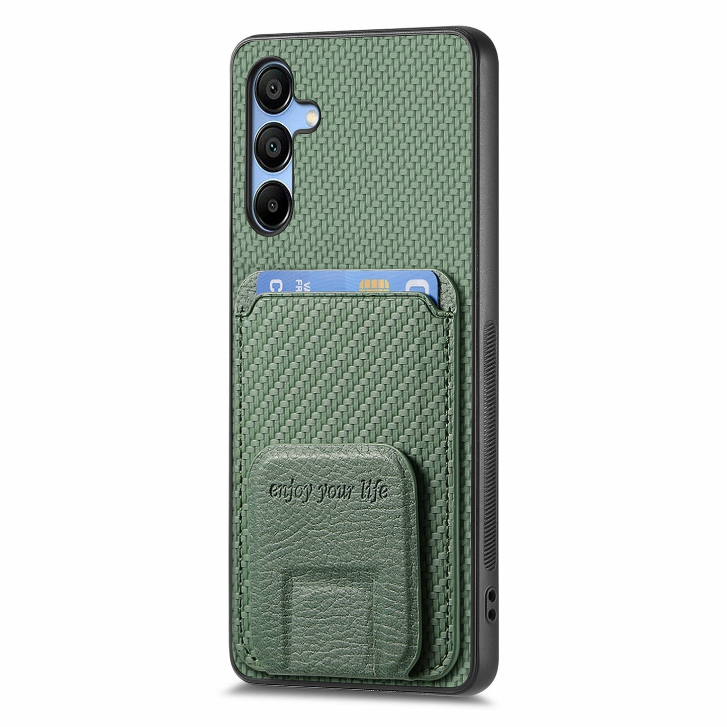 For Samsung Galaxy A16 4G / 5G Case Card Holder Carbon Fiber Texture Leather Coated TPU Phone Cover - Green