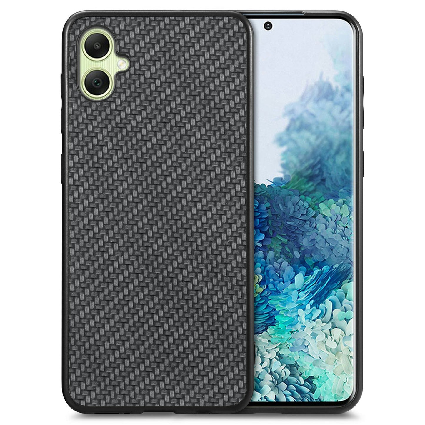 For Samsung Galaxy A06 Case Carbon Fiber Texture PU+PC+TPU Phone Cover - Black
