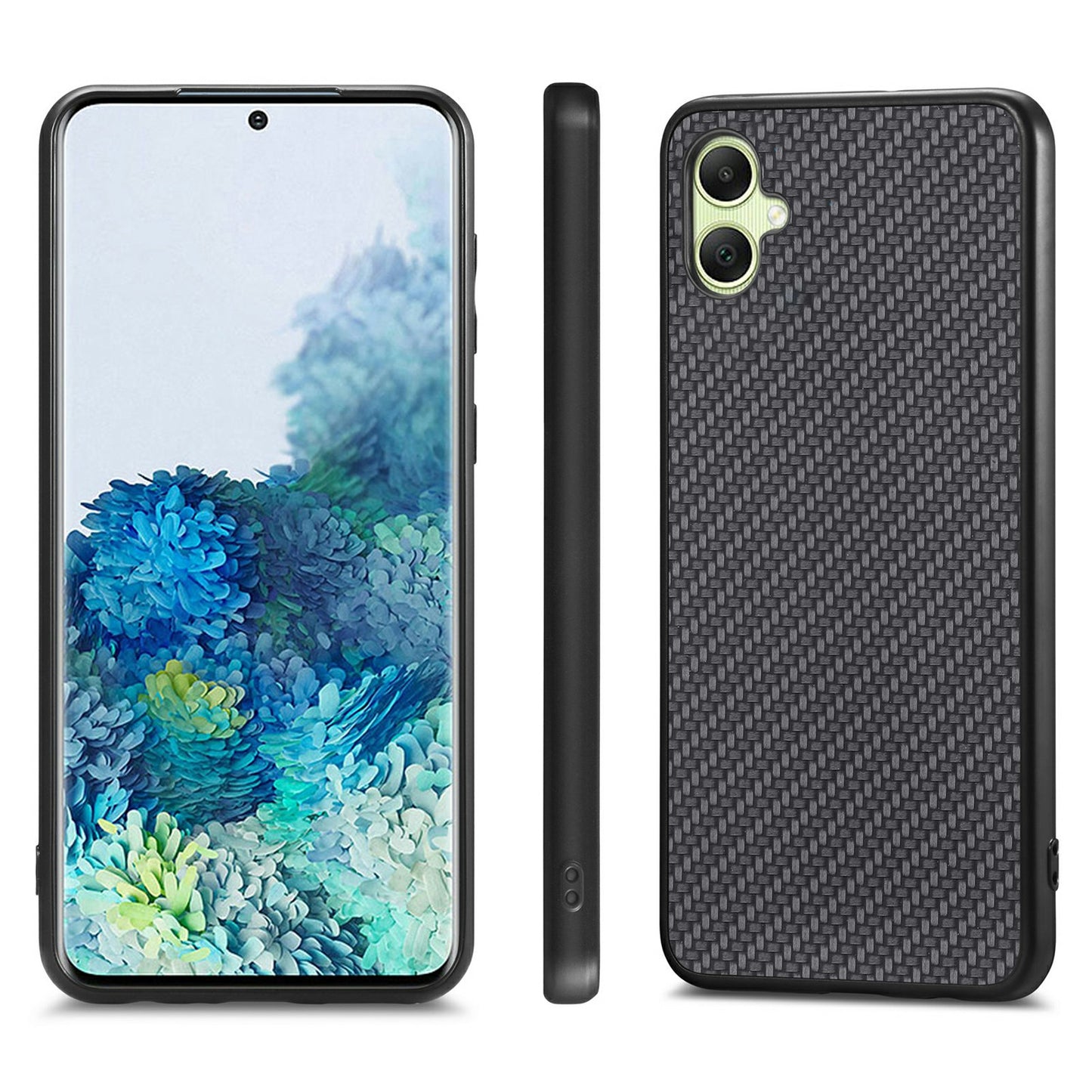 For Samsung Galaxy A06 Case Carbon Fiber Texture PU+PC+TPU Phone Cover - Black