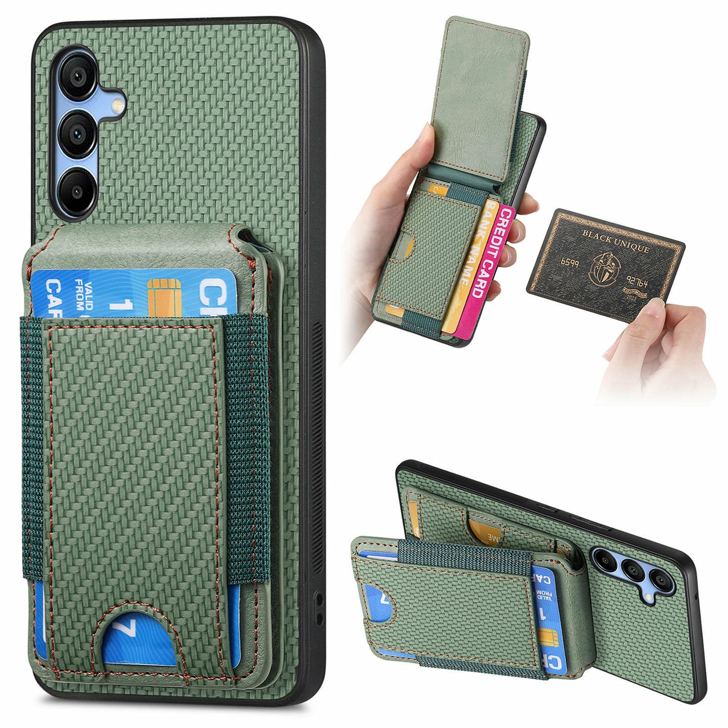 For Samsung Galaxy A16 4G / 5G Case Card Holder Leather+PC+TPU Kickstand Phone Cover - Green