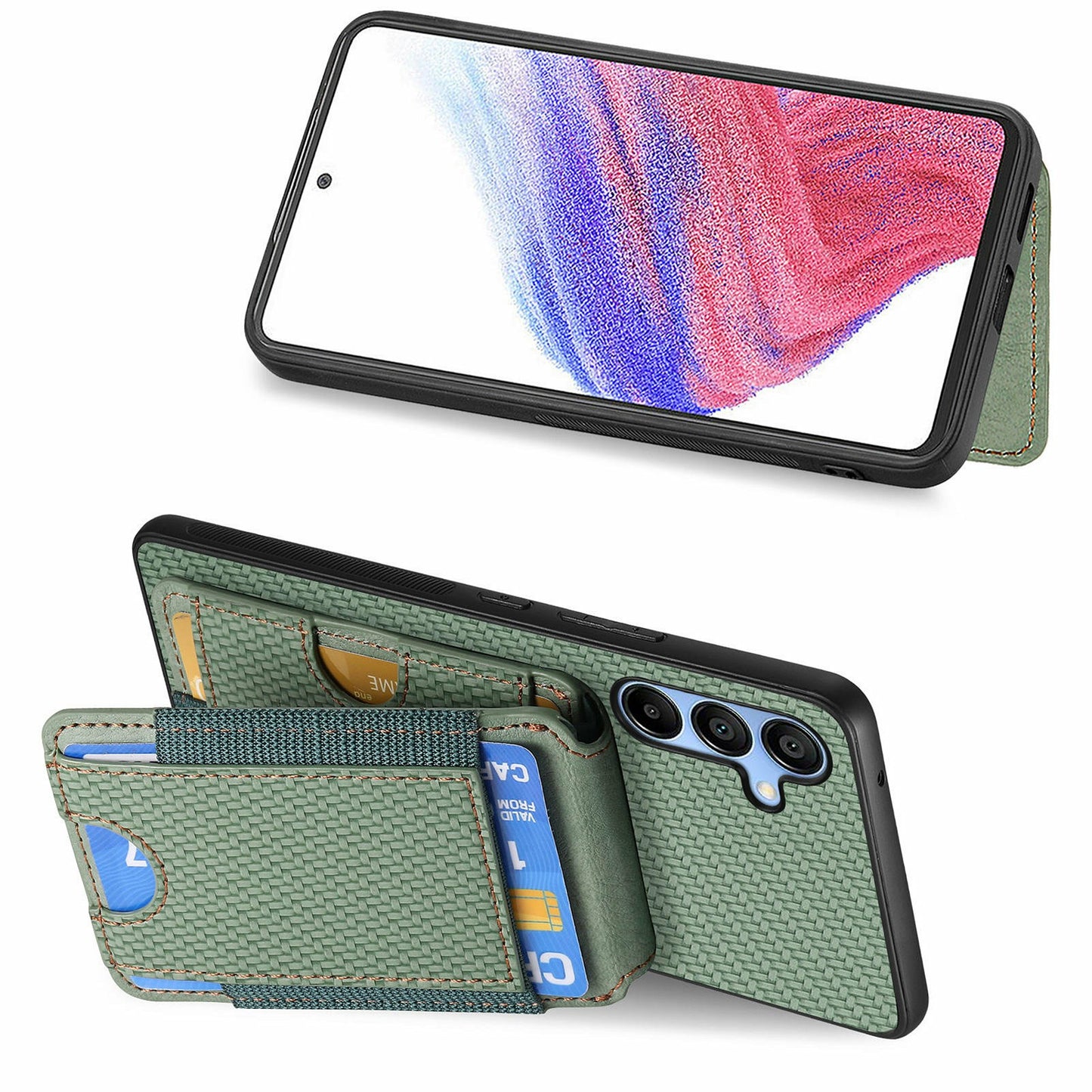 For Samsung Galaxy A16 4G / 5G Case Card Holder Leather+PC+TPU Kickstand Phone Cover - Green